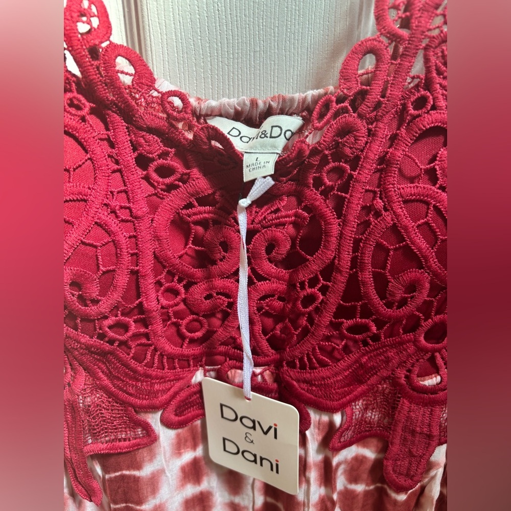 Davi & Dani, Red Lace Tie-Dye Mini Dress w/ Adjust Straps Size L, NWT - Picture 2 of 3